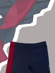Nann, Jogging upcycling bleu et rouge 6, détail poches passepoilées devant
